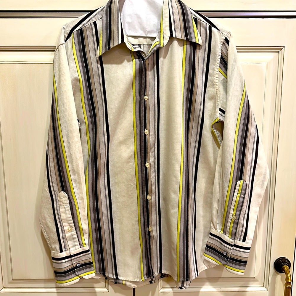 BEN SHERMAN SIZE MEDIUM MENS STRIPED COTTON SHIRT IN CREAM, YELLOW, TAN AND GRAY